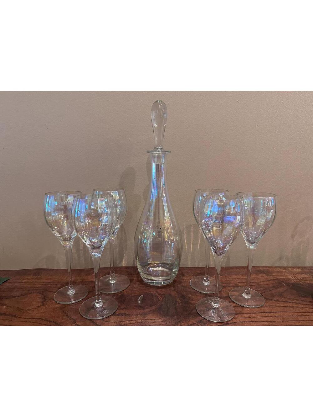 Vintage Toscany Rainbow Optic Iridescent Handblown Wine Glasses & Decanter Set